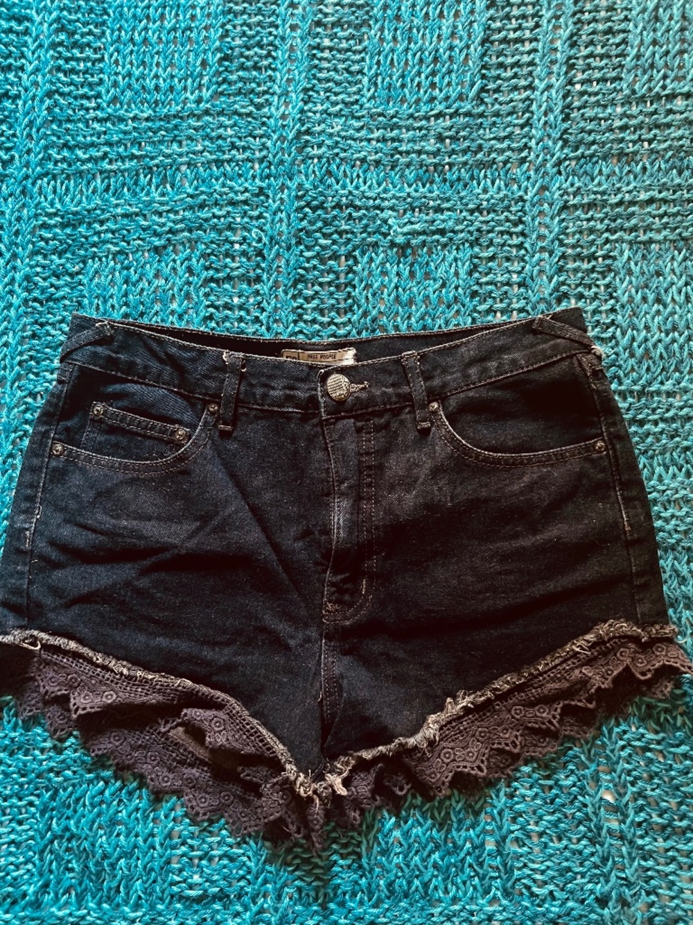 Free People Black Mid Rise Denim Shorts With Lace Edge Trim  Size 27